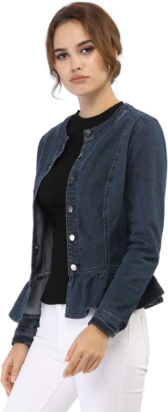 imageAllegra K Womens Peplum Denim Jackets Collarless Round Neck Button Down Cropped Ruffle Hem JacketBlue