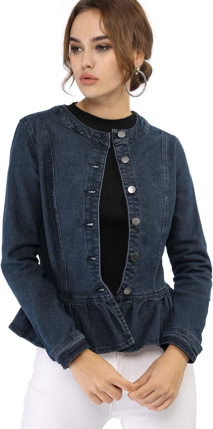 imageAllegra K Womens Peplum Denim Jackets Collarless Round Neck Button Down Cropped Ruffle Hem JacketBlue