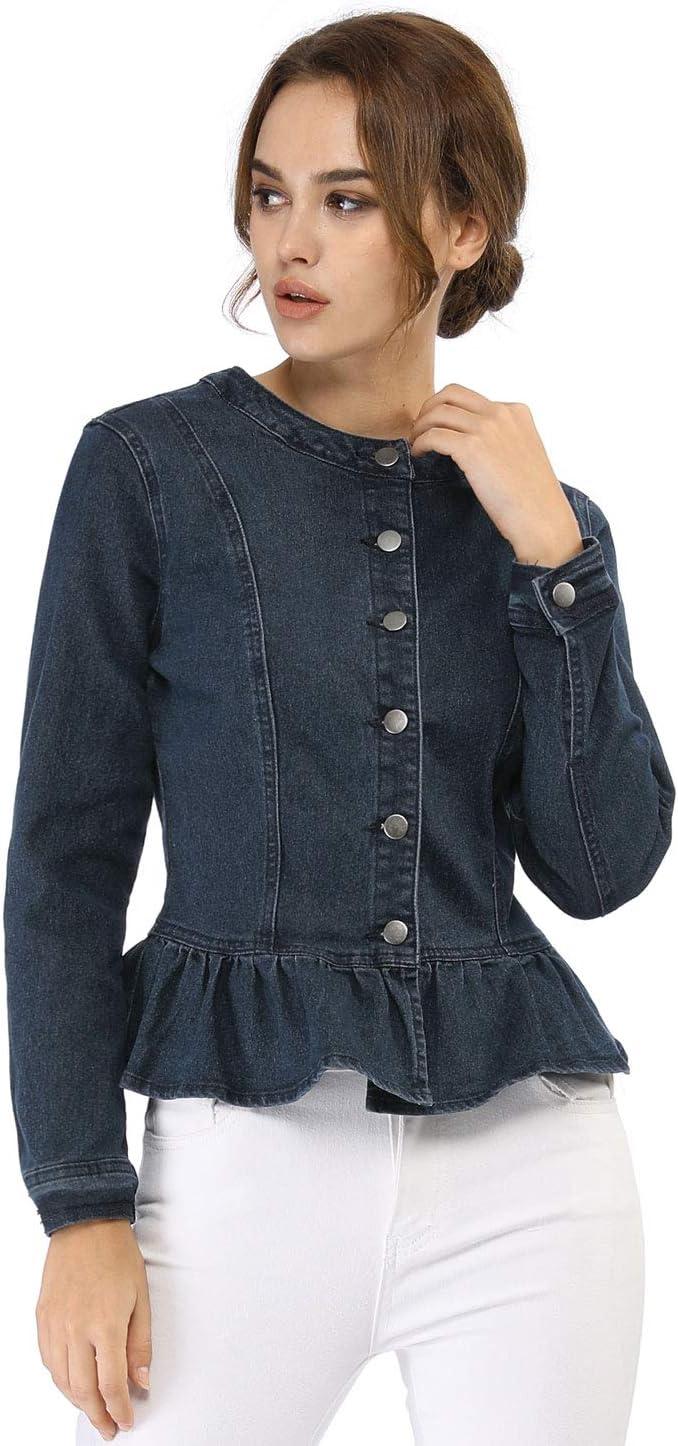 imageAllegra K Womens Peplum Denim Jackets Collarless Round Neck Button Down Cropped Ruffle Hem JacketBlue