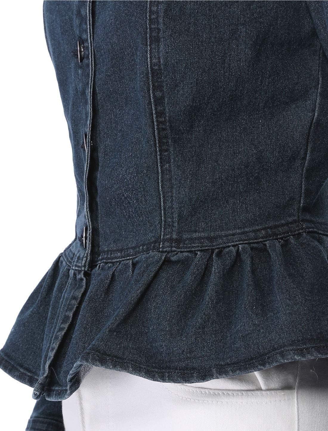 imageAllegra K Womens Peplum Denim Jackets Collarless Round Neck Button Down Cropped Ruffle Hem JacketBlue