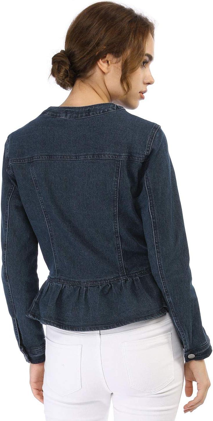 imageAllegra K Womens Peplum Denim Jackets Collarless Round Neck Button Down Cropped Ruffle Hem JacketBlue