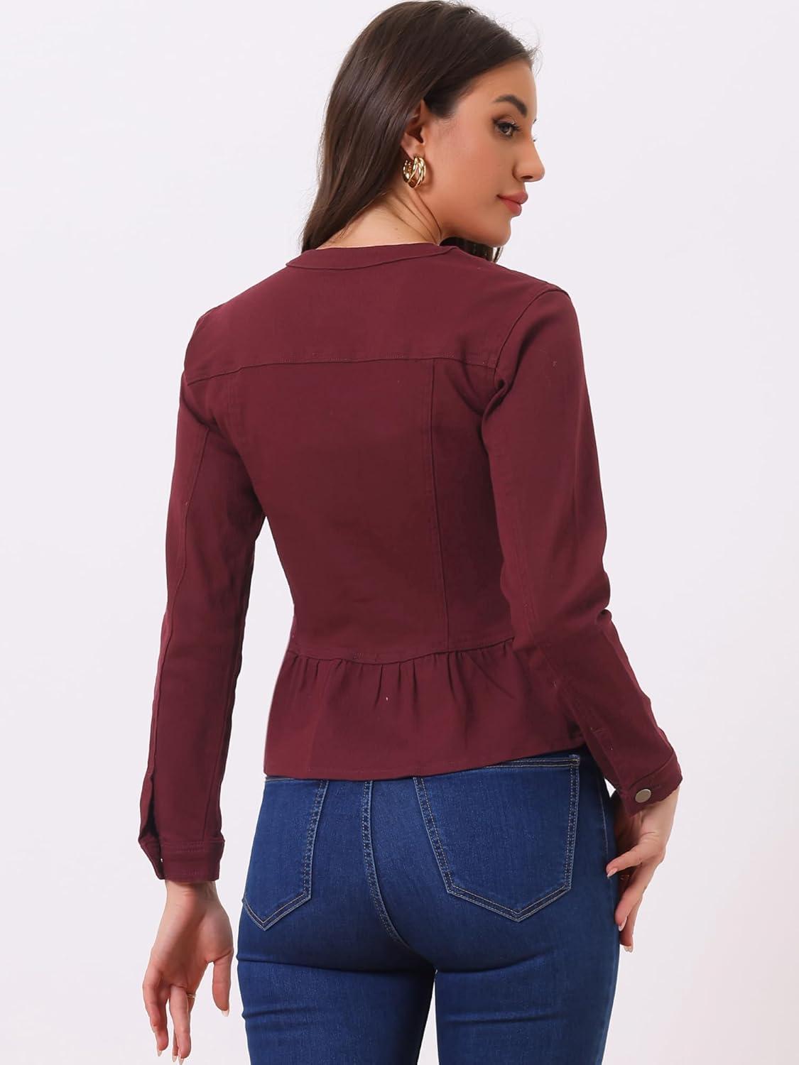 imageAllegra K Womens Peplum Denim Jackets Collarless Round Neck Button Down Cropped Ruffle Hem JacketBurgundy