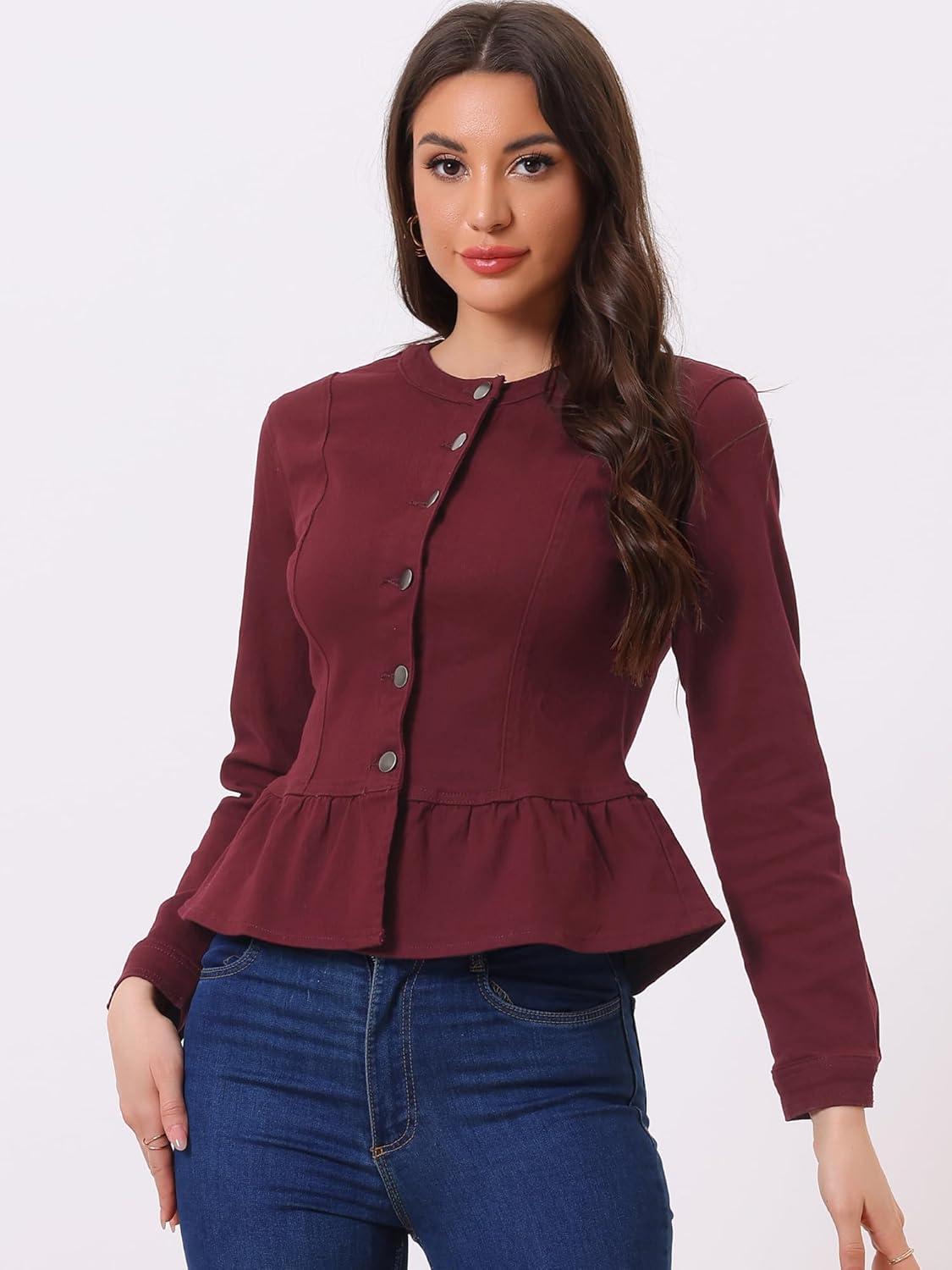 imageAllegra K Womens Peplum Denim Jackets Collarless Round Neck Button Down Cropped Ruffle Hem JacketBurgundy