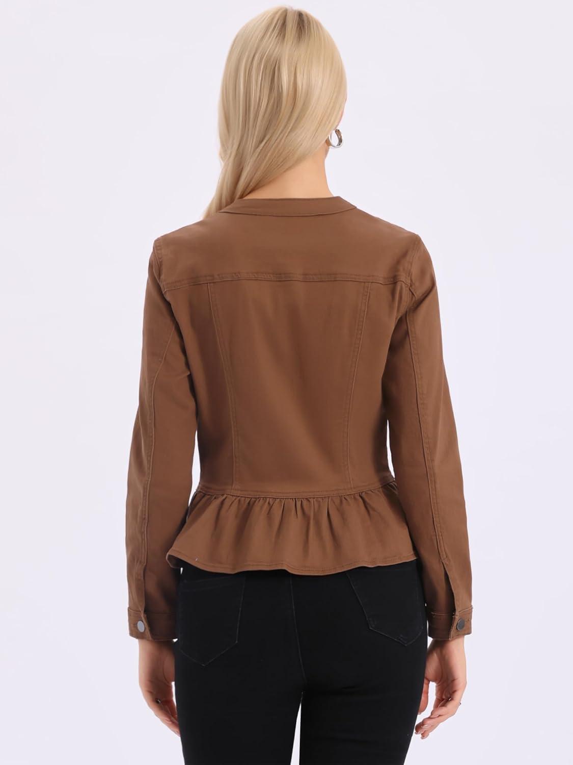 imageAllegra K Womens Peplum Denim Jackets Collarless Round Neck Button Down Cropped Ruffle Hem JacketDark Brown