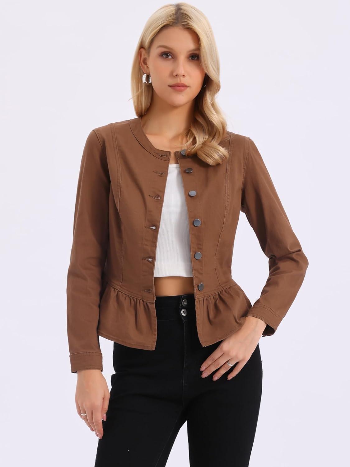 imageAllegra K Womens Peplum Denim Jackets Collarless Round Neck Button Down Cropped Ruffle Hem JacketDark Brown