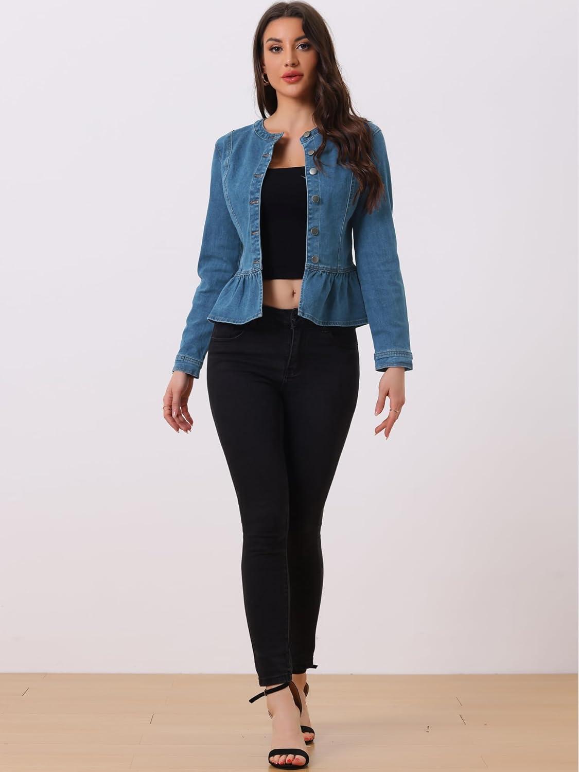 imageAllegra K Womens Peplum Denim Jackets Collarless Round Neck Button Down Cropped Ruffle Hem JacketDenim Blue