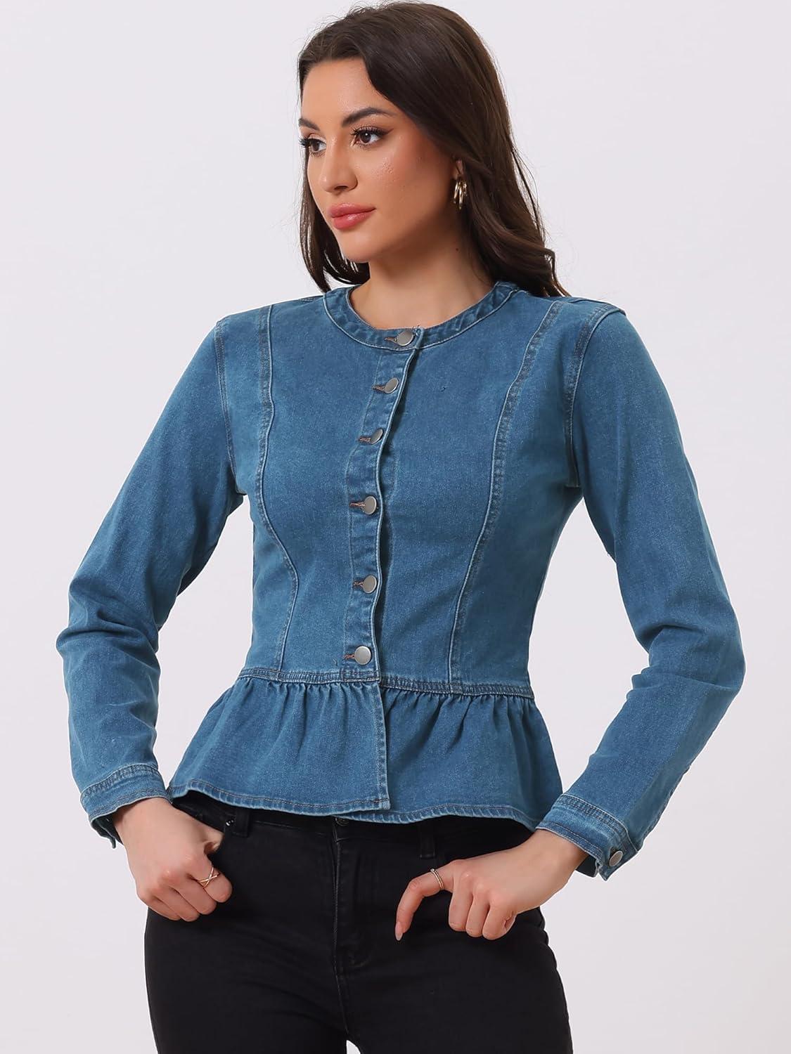imageAllegra K Womens Peplum Denim Jackets Collarless Round Neck Button Down Cropped Ruffle Hem JacketDenim Blue