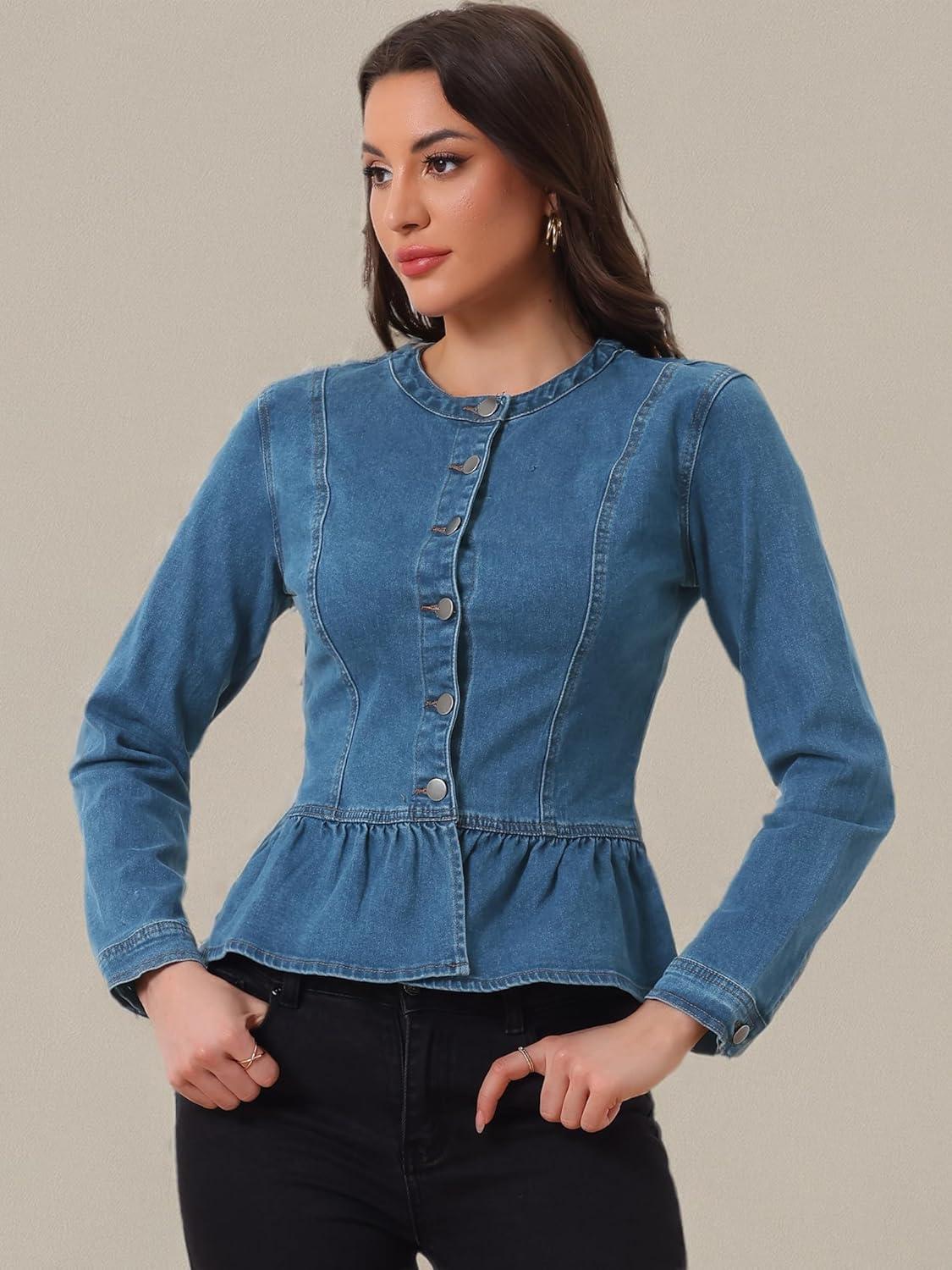 imageAllegra K Womens Peplum Denim Jackets Collarless Round Neck Button Down Cropped Ruffle Hem JacketDenim Blue