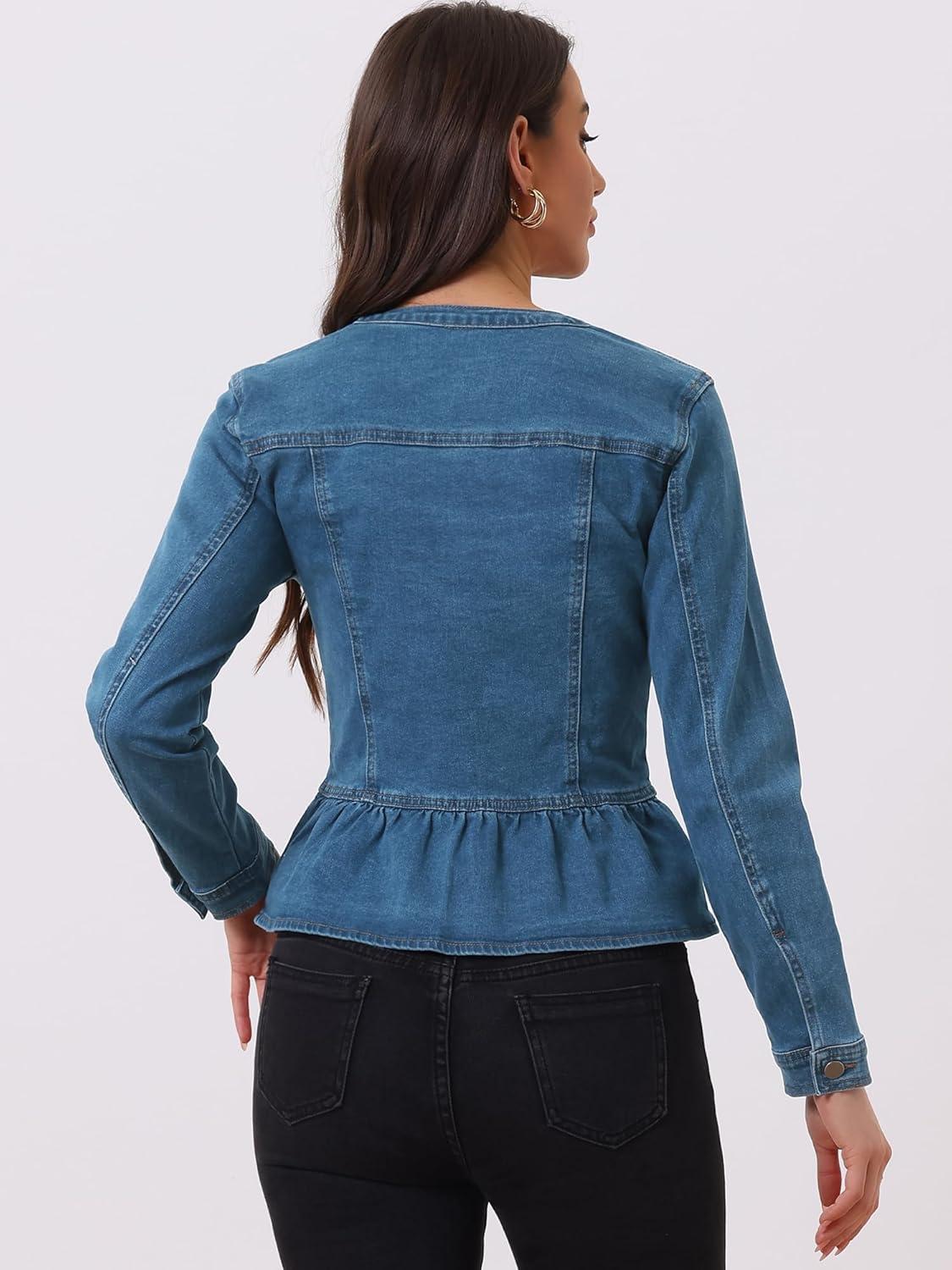 imageAllegra K Womens Peplum Denim Jackets Collarless Round Neck Button Down Cropped Ruffle Hem JacketDenim Blue
