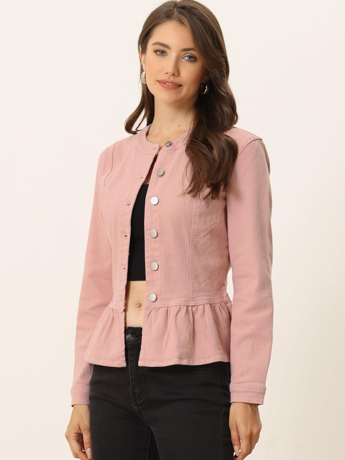 imageAllegra K Womens Peplum Denim Jackets Collarless Round Neck Button Down Cropped Ruffle Hem JacketDusty Pink