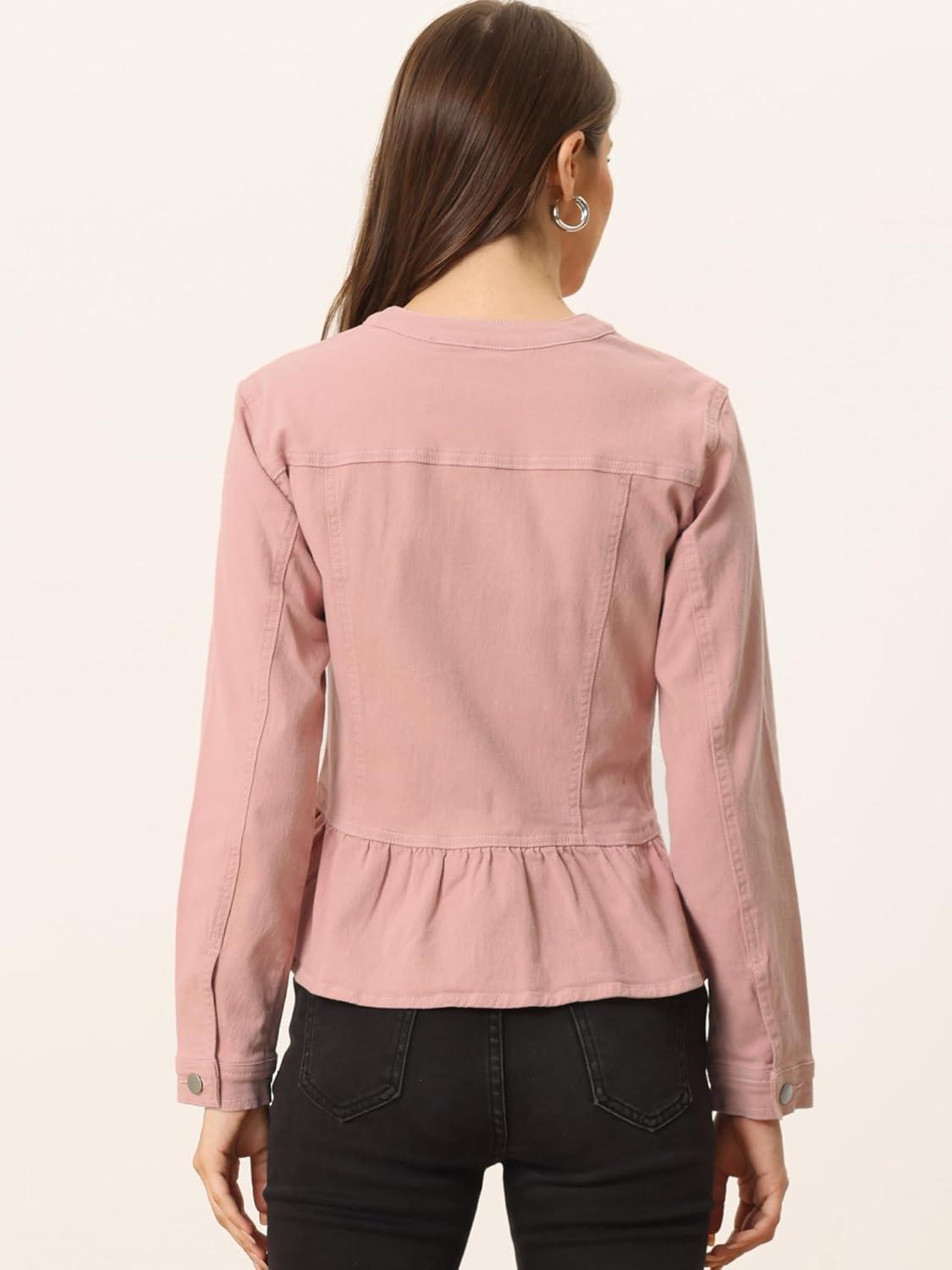 imageAllegra K Womens Peplum Denim Jackets Collarless Round Neck Button Down Cropped Ruffle Hem JacketDusty Pink