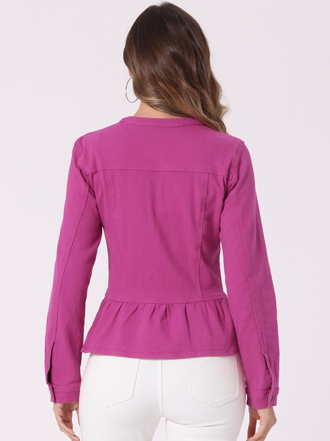 imageAllegra K Womens Peplum Denim Jackets Collarless Round Neck Button Down Cropped Ruffle Hem JacketHot Pink