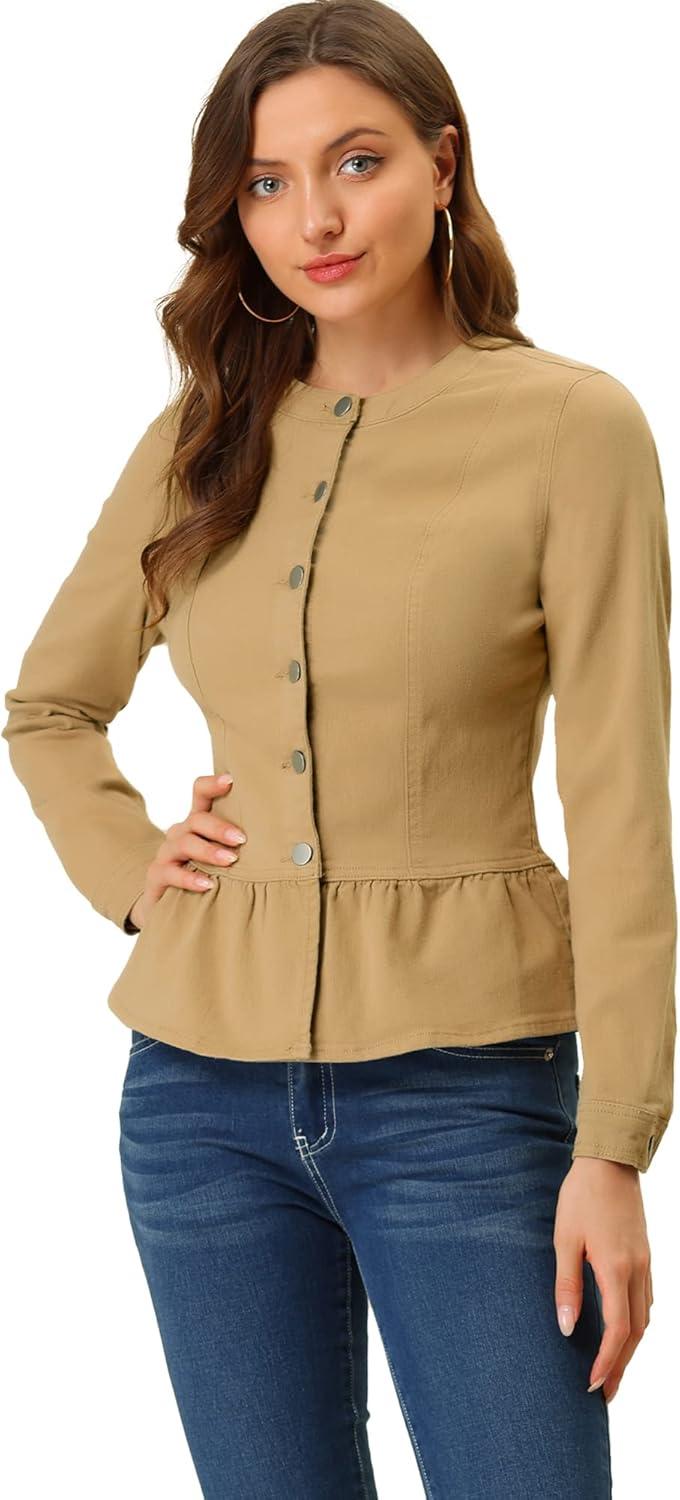 imageAllegra K Womens Peplum Denim Jackets Collarless Round Neck Button Down Cropped Ruffle Hem JacketKhaki