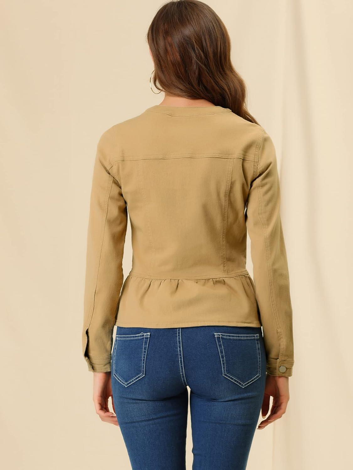 imageAllegra K Womens Peplum Denim Jackets Collarless Round Neck Button Down Cropped Ruffle Hem JacketKhaki