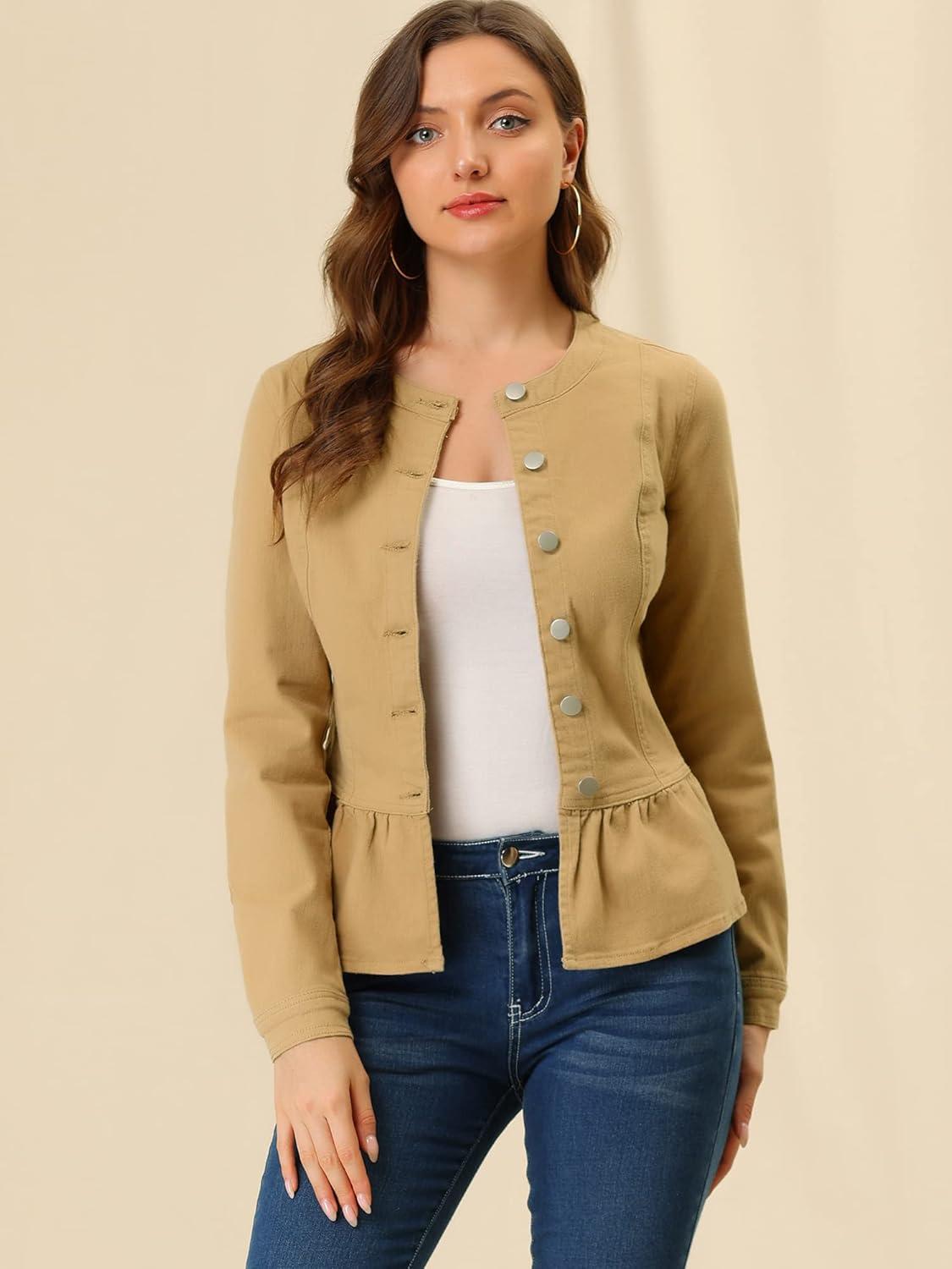 imageAllegra K Womens Peplum Denim Jackets Collarless Round Neck Button Down Cropped Ruffle Hem JacketKhaki