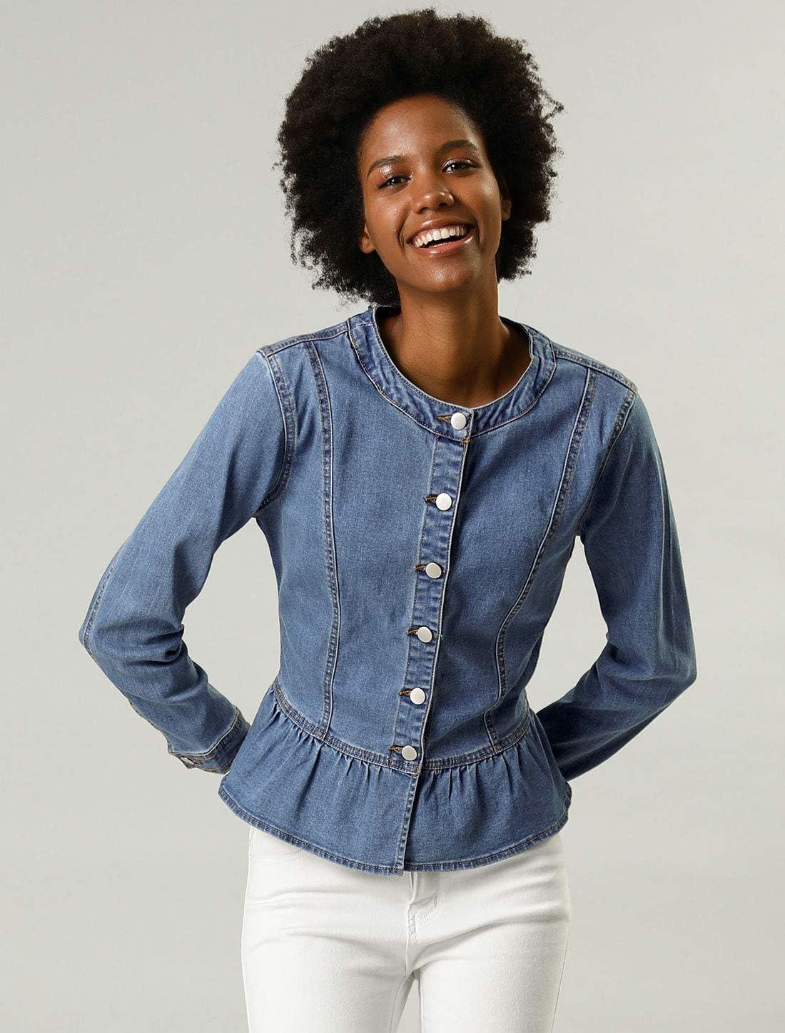 imageAllegra K Womens Peplum Denim Jackets Collarless Round Neck Button Down Cropped Ruffle Hem JacketLight Blue