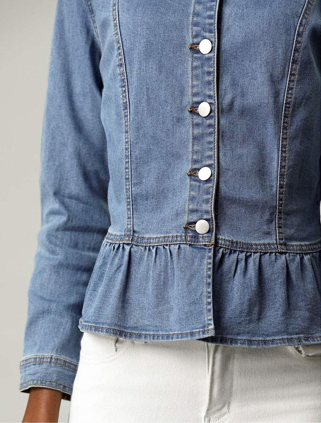 imageAllegra K Womens Peplum Denim Jackets Collarless Round Neck Button Down Cropped Ruffle Hem JacketLight Blue
