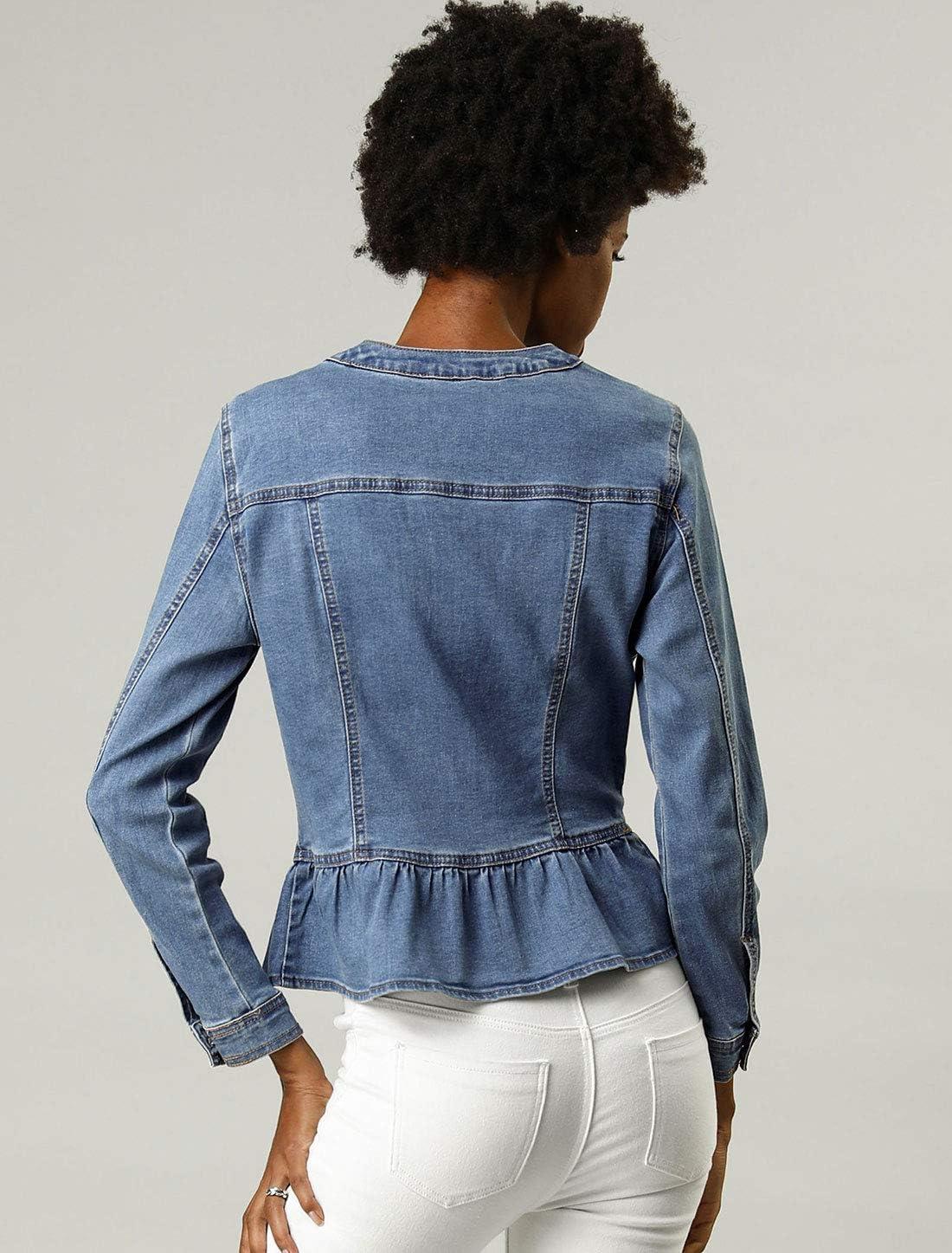imageAllegra K Womens Peplum Denim Jackets Collarless Round Neck Button Down Cropped Ruffle Hem JacketLight Blue