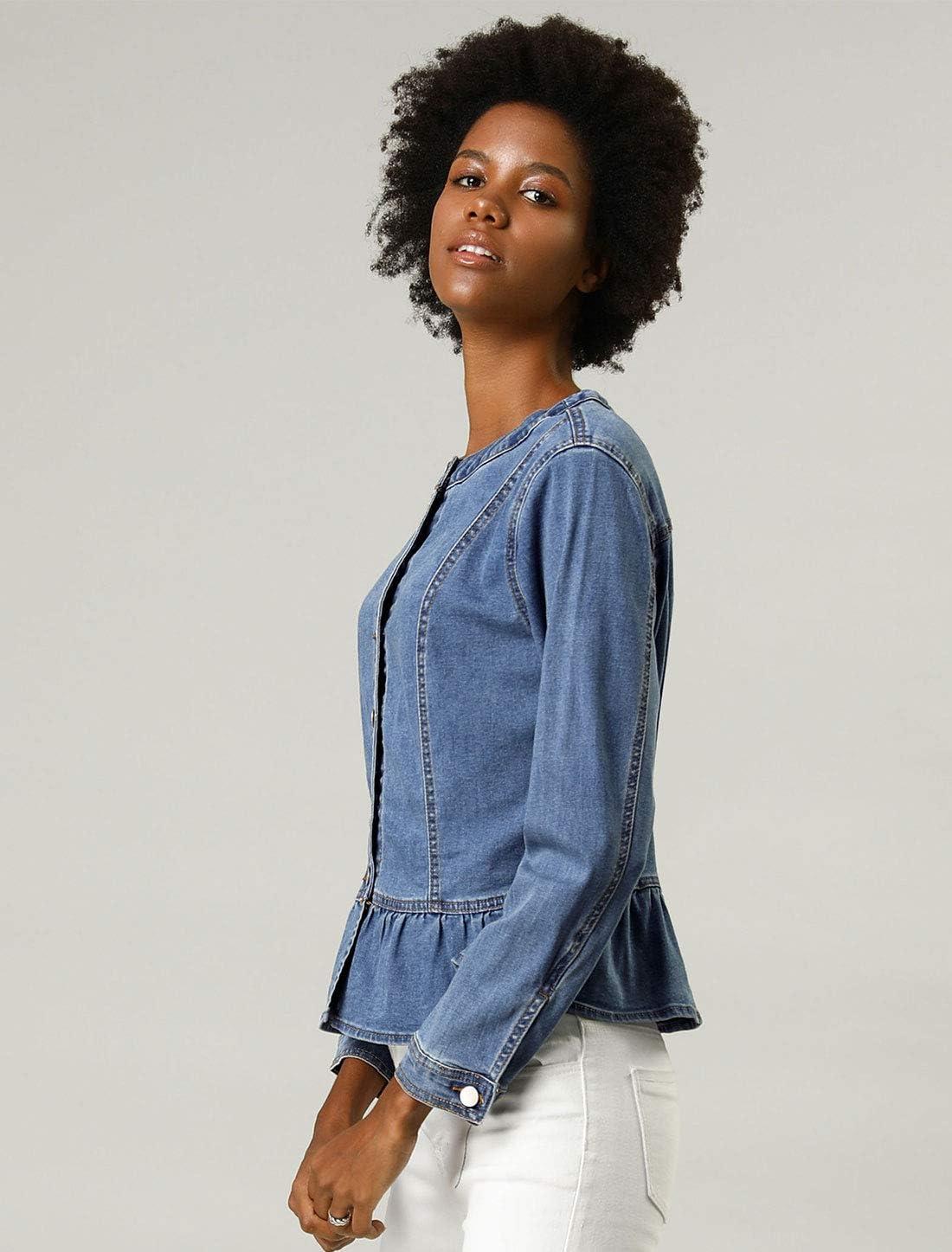 imageAllegra K Womens Peplum Denim Jackets Collarless Round Neck Button Down Cropped Ruffle Hem JacketLight Blue