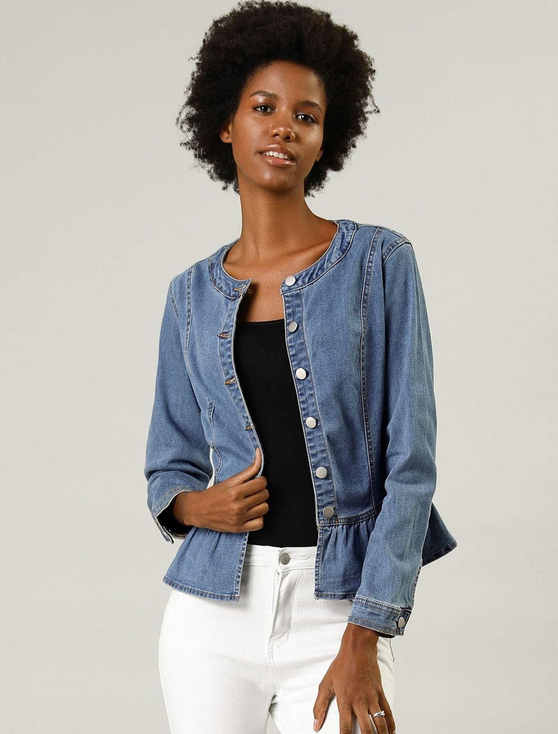 imageAllegra K Womens Peplum Denim Jackets Collarless Round Neck Button Down Cropped Ruffle Hem JacketLight Blue