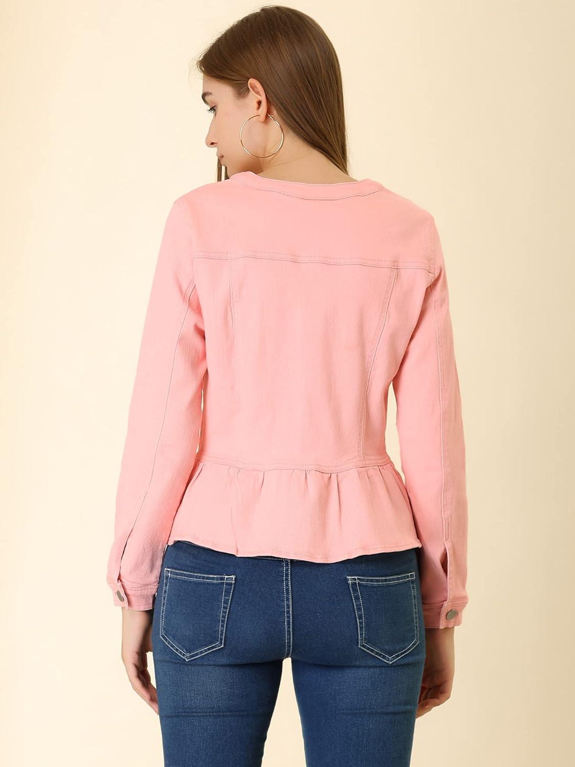 imageAllegra K Womens Peplum Denim Jackets Collarless Round Neck Button Down Cropped Ruffle Hem JacketLight Pink