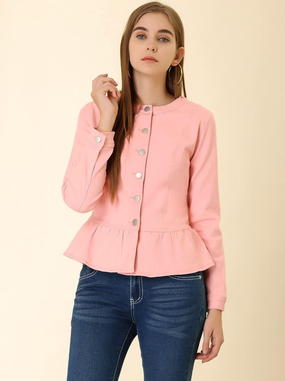 imageAllegra K Womens Peplum Denim Jackets Collarless Round Neck Button Down Cropped Ruffle Hem JacketLight Pink