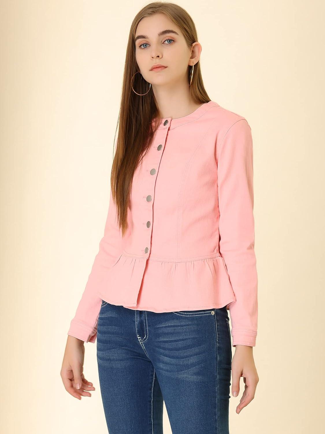 imageAllegra K Womens Peplum Denim Jackets Collarless Round Neck Button Down Cropped Ruffle Hem JacketLight Pink