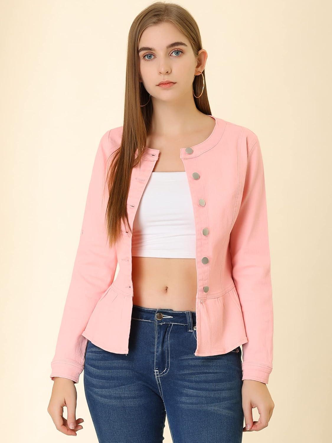 imageAllegra K Womens Peplum Denim Jackets Collarless Round Neck Button Down Cropped Ruffle Hem JacketLight Pink