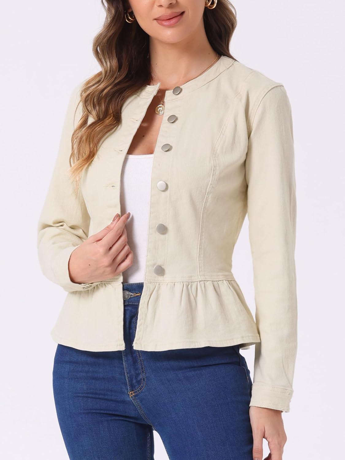 imageAllegra K Womens Peplum Denim Jackets Collarless Round Neck Button Down Cropped Ruffle Hem JacketOyster White