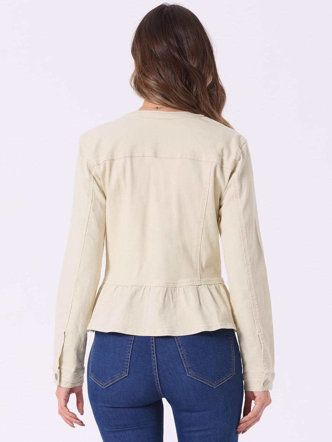 imageAllegra K Womens Peplum Denim Jackets Collarless Round Neck Button Down Cropped Ruffle Hem JacketOyster White