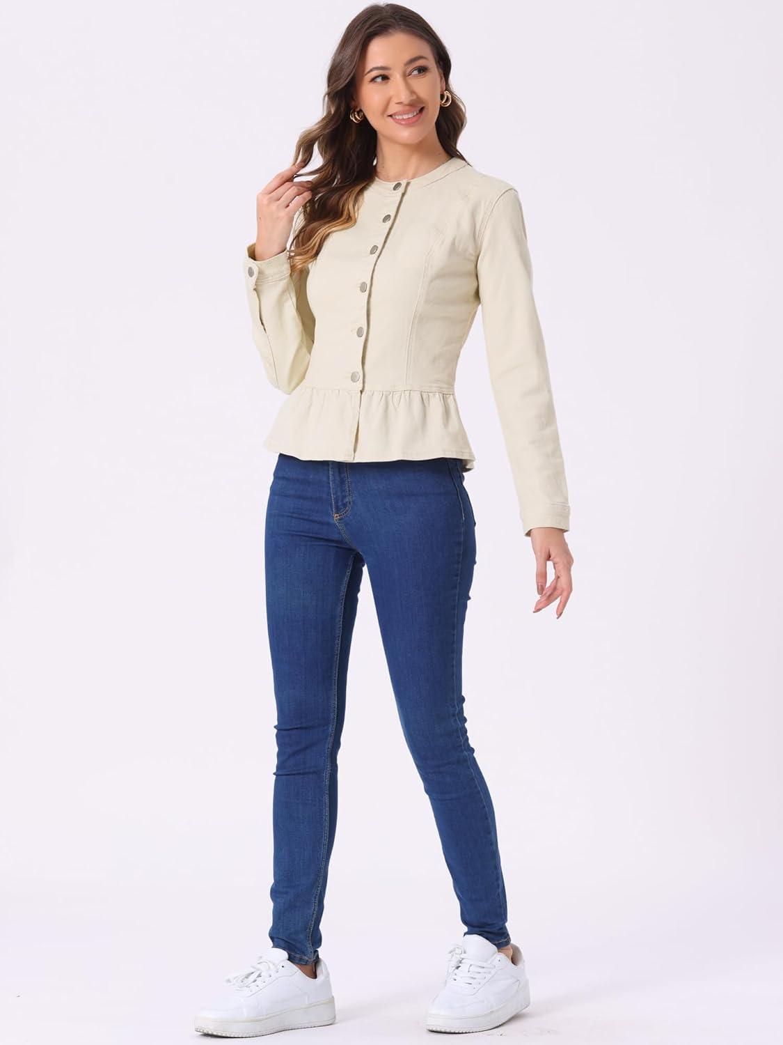 imageAllegra K Womens Peplum Denim Jackets Collarless Round Neck Button Down Cropped Ruffle Hem JacketOyster White