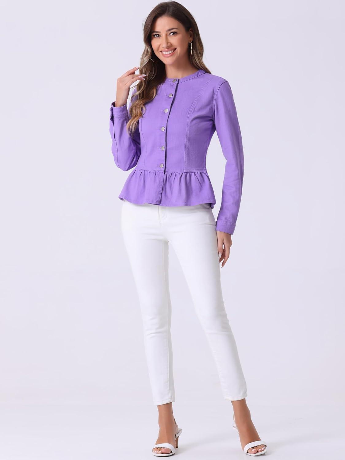 imageAllegra K Womens Peplum Denim Jackets Collarless Round Neck Button Down Cropped Ruffle Hem JacketPurple