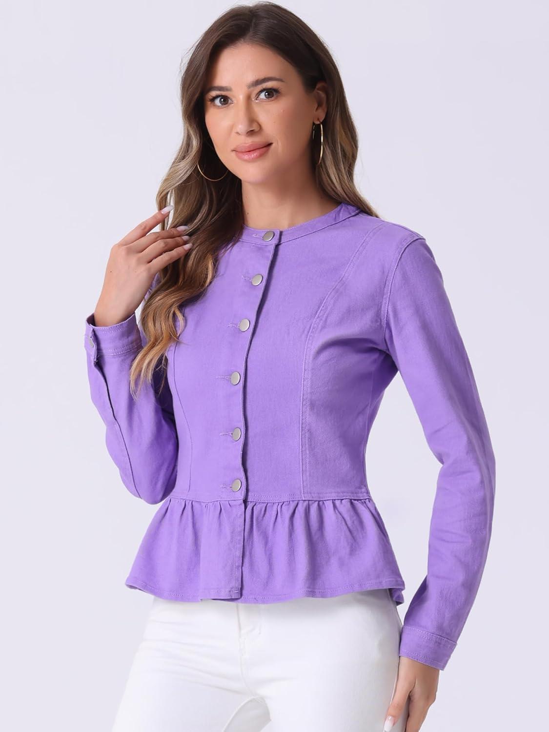 imageAllegra K Womens Peplum Denim Jackets Collarless Round Neck Button Down Cropped Ruffle Hem JacketPurple