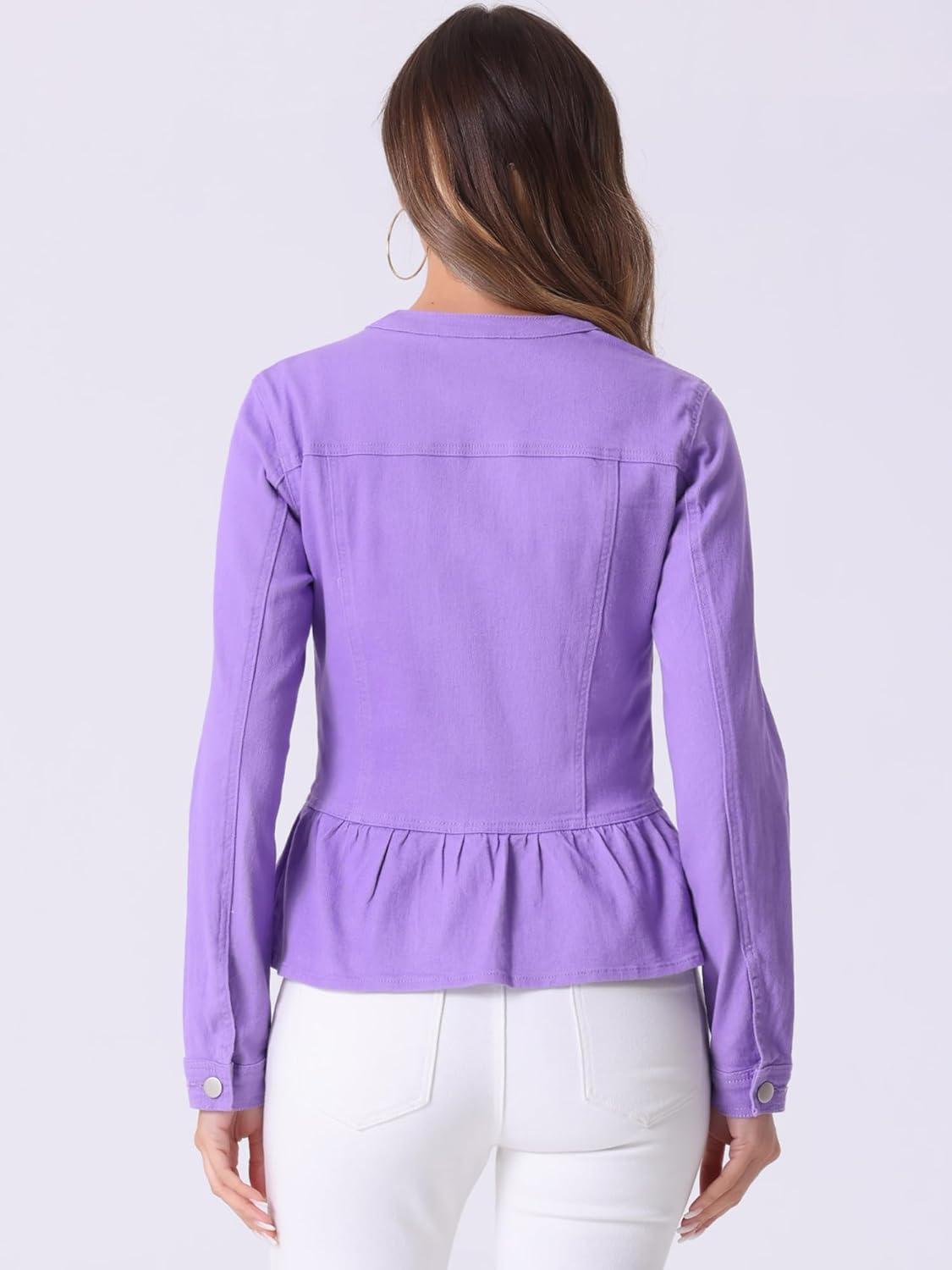 imageAllegra K Womens Peplum Denim Jackets Collarless Round Neck Button Down Cropped Ruffle Hem JacketPurple