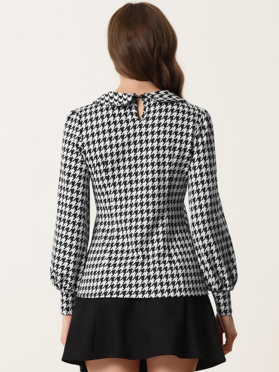 imageAllegra K Womens Peter Pan Collar Shirt Fashion Puff Long Sleeve Houndstooth Plaid BlouseBlack