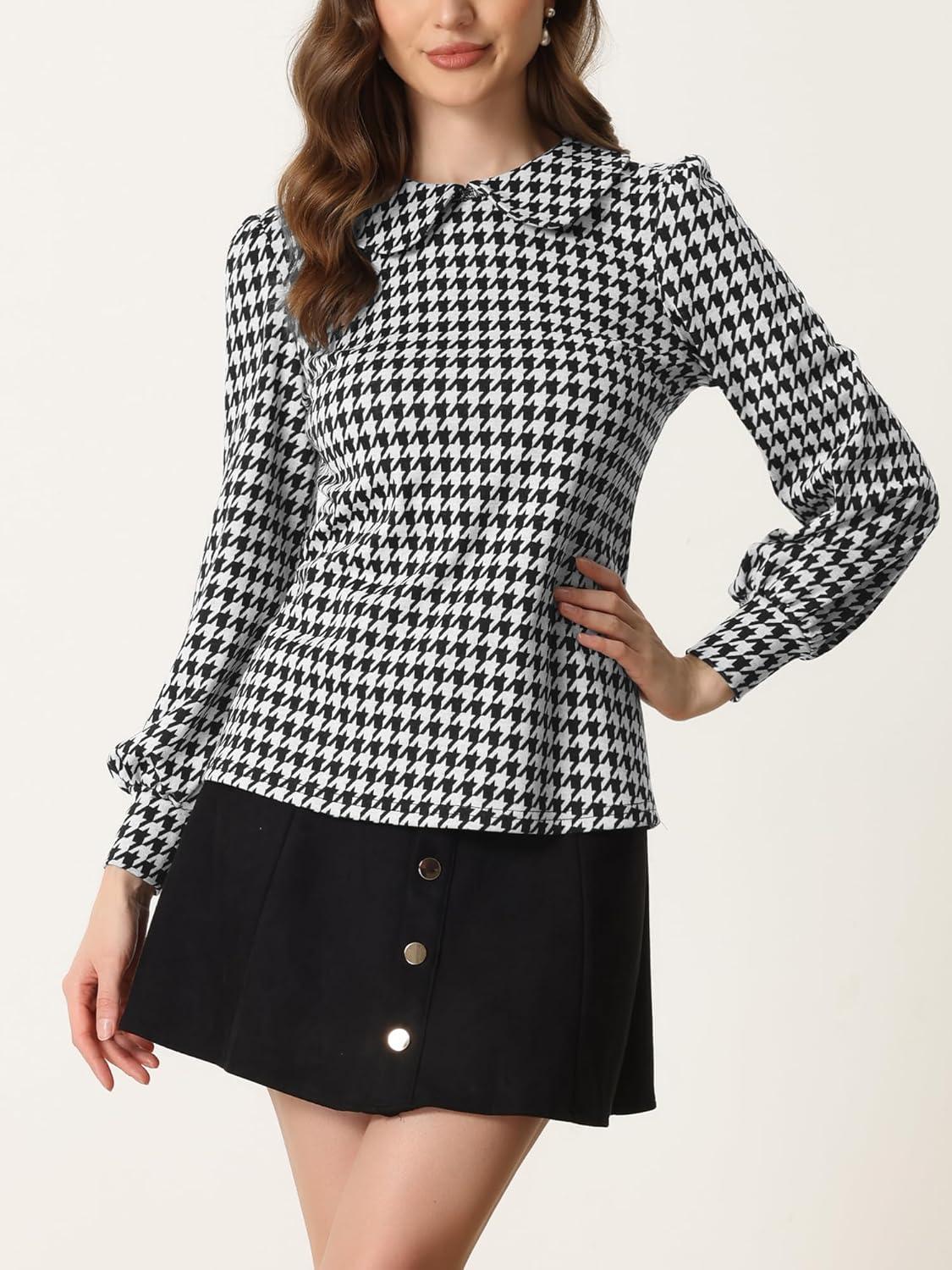 imageAllegra K Womens Peter Pan Collar Shirt Fashion Puff Long Sleeve Houndstooth Plaid BlouseBlack