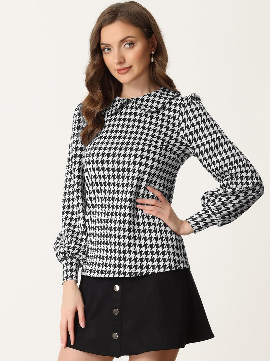 imageAllegra K Womens Peter Pan Collar Shirt Fashion Puff Long Sleeve Houndstooth Plaid BlouseBlack