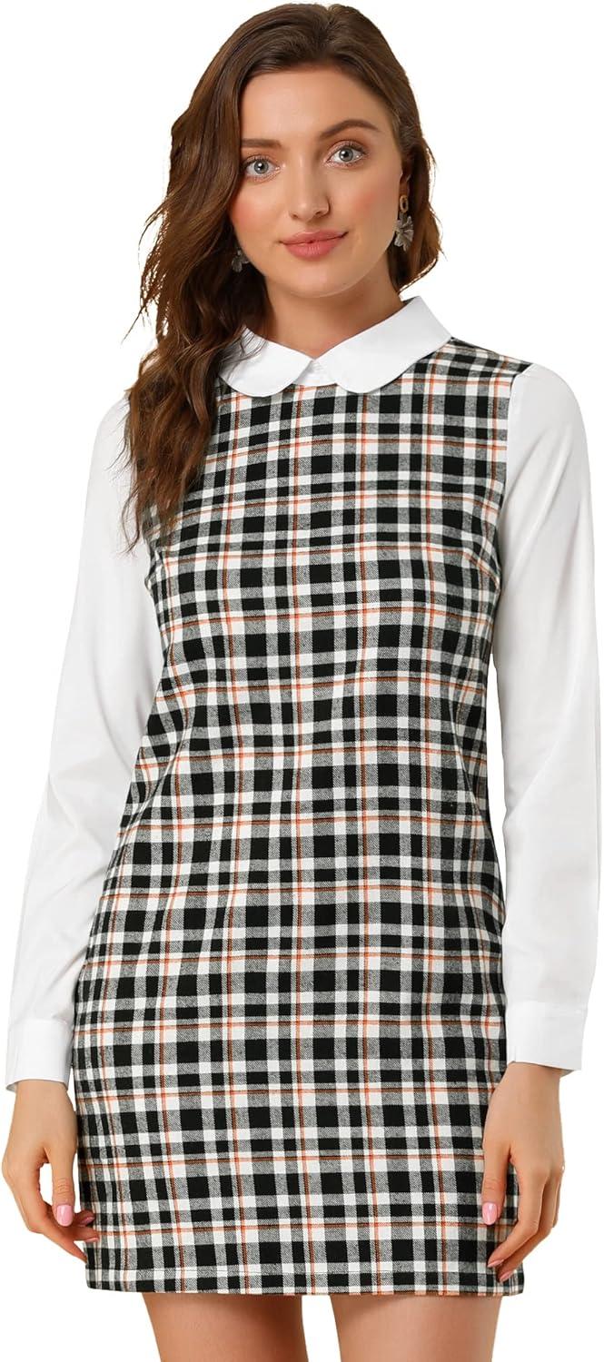 imageAllegra K Womens Peter Pan Dress 60s Clock Block Mini Long Sleeve DressesBlack Orange