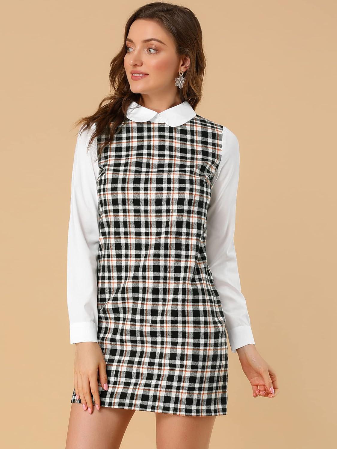imageAllegra K Womens Peter Pan Dress 60s Clock Block Mini Long Sleeve DressesBlack Orange