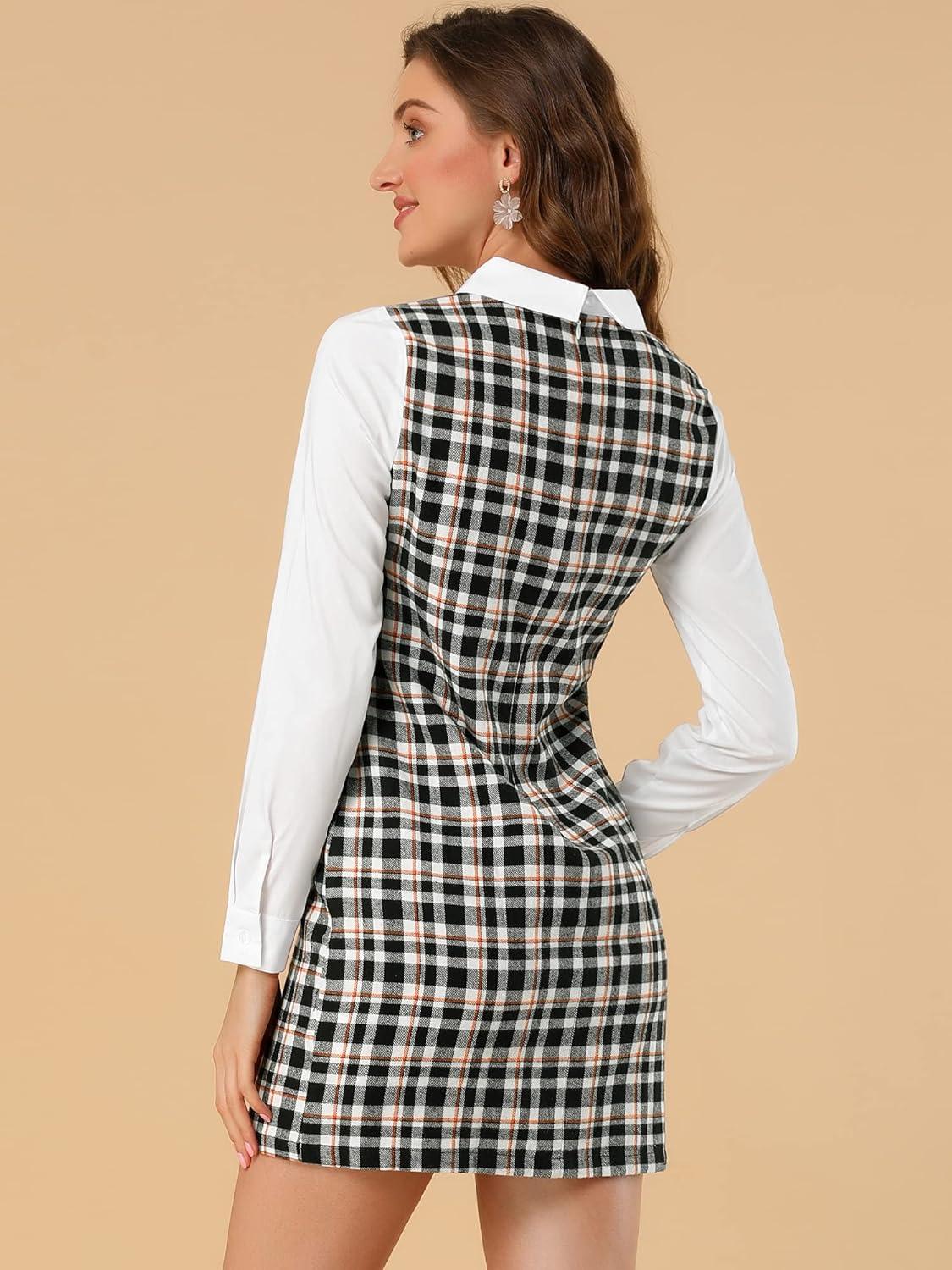 imageAllegra K Womens Peter Pan Dress 60s Clock Block Mini Long Sleeve DressesBlack Orange