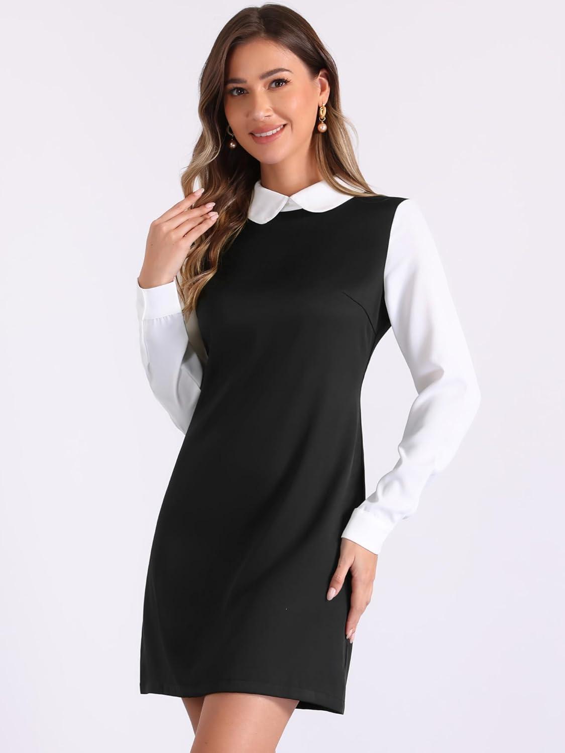 imageAllegra K Womens Peter Pan Dress 60s Clock Block Mini Long Sleeve DressesBlack Solid