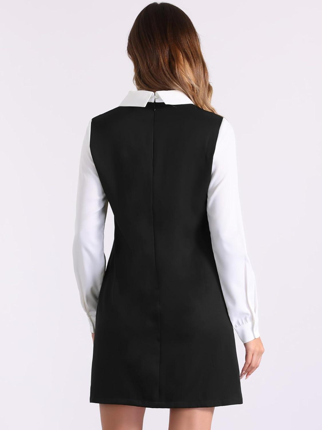 imageAllegra K Womens Peter Pan Dress 60s Clock Block Mini Long Sleeve DressesBlack Solid
