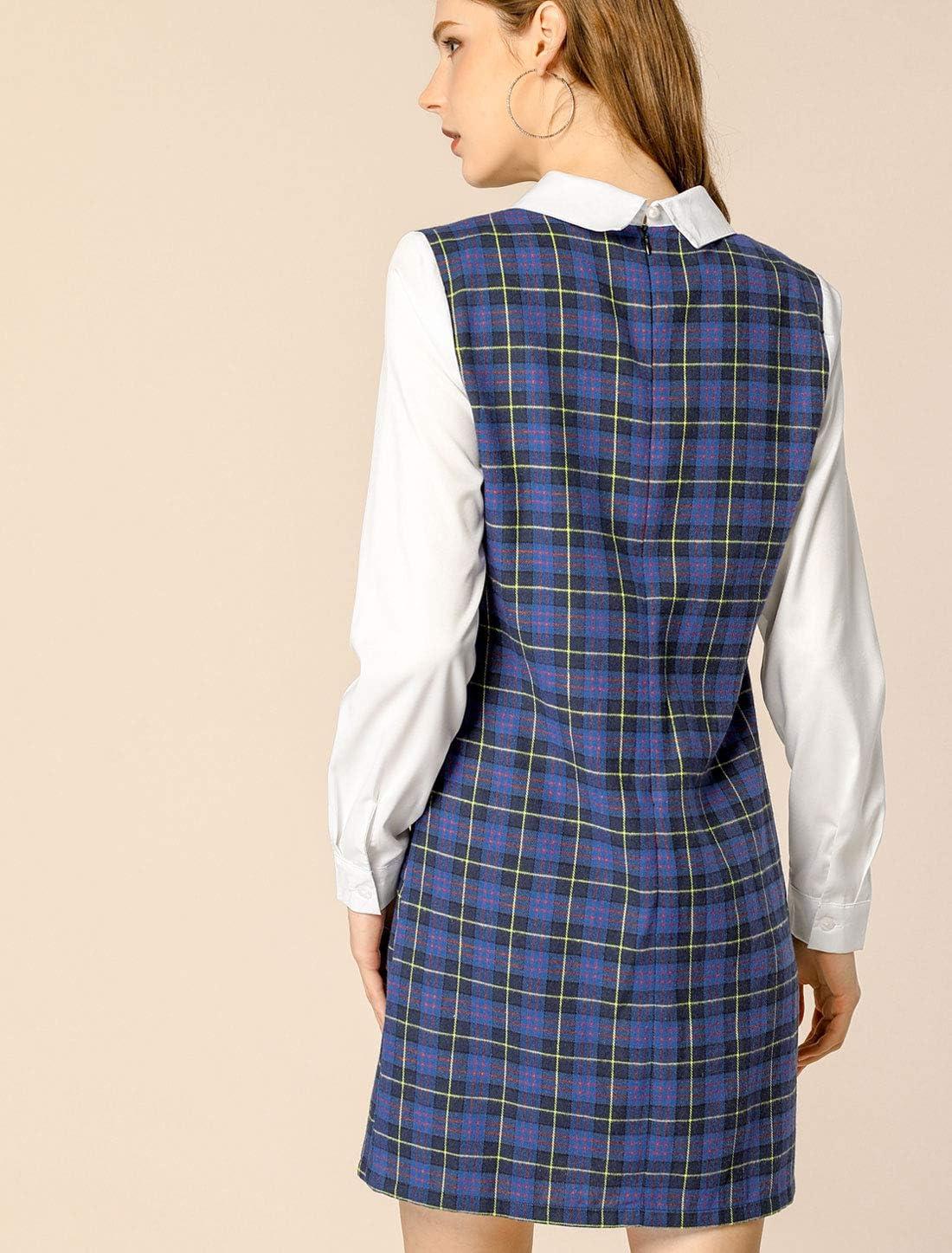 imageAllegra K Womens Peter Pan Dress 60s Clock Block Mini Long Sleeve DressesBlue