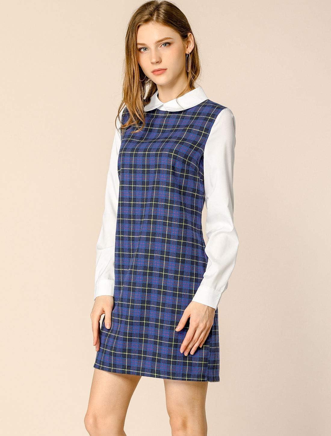 imageAllegra K Womens Peter Pan Dress 60s Clock Block Mini Long Sleeve DressesBlue
