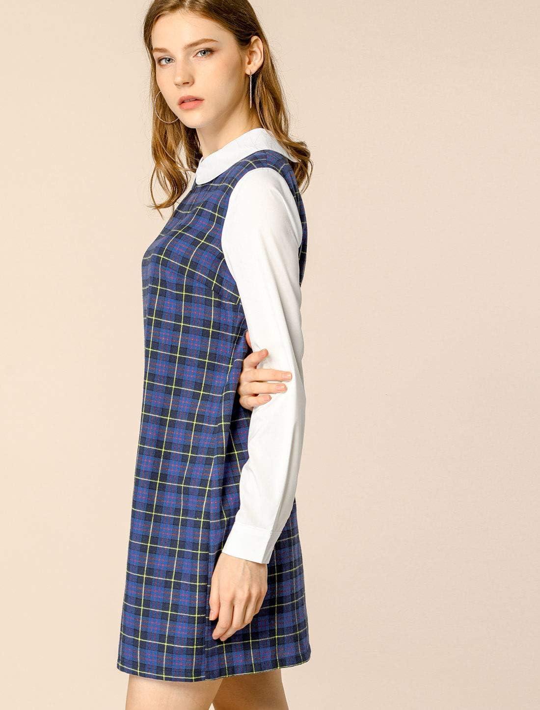 imageAllegra K Womens Peter Pan Dress 60s Clock Block Mini Long Sleeve DressesBlue