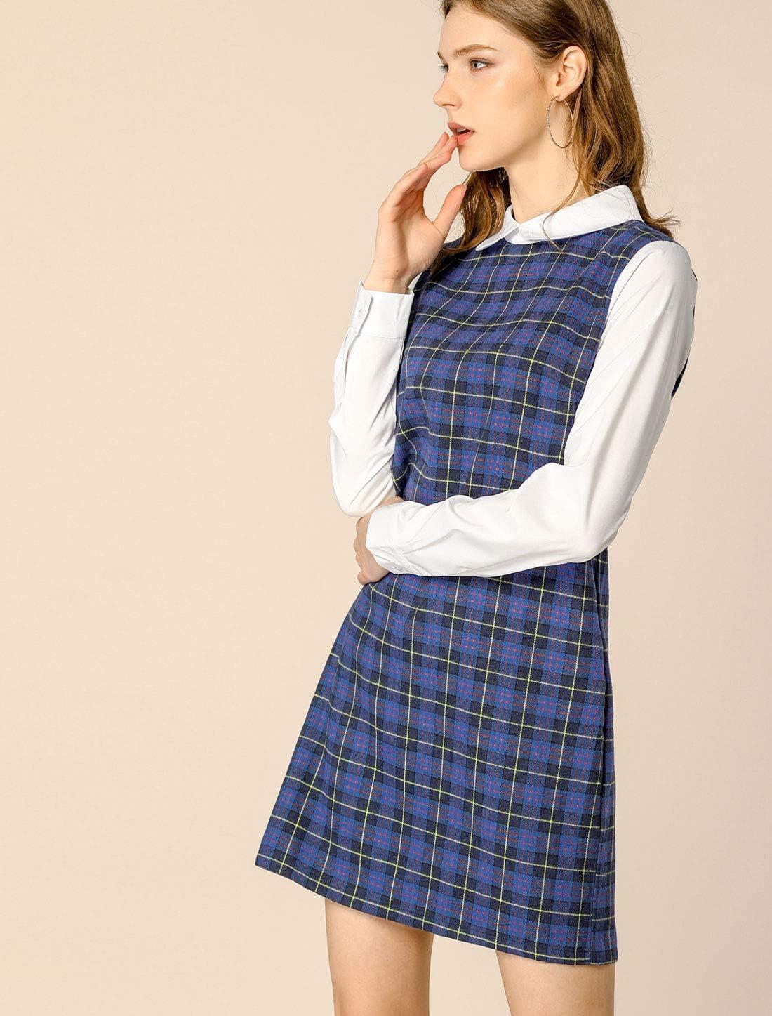imageAllegra K Womens Peter Pan Dress 60s Clock Block Mini Long Sleeve DressesBlue