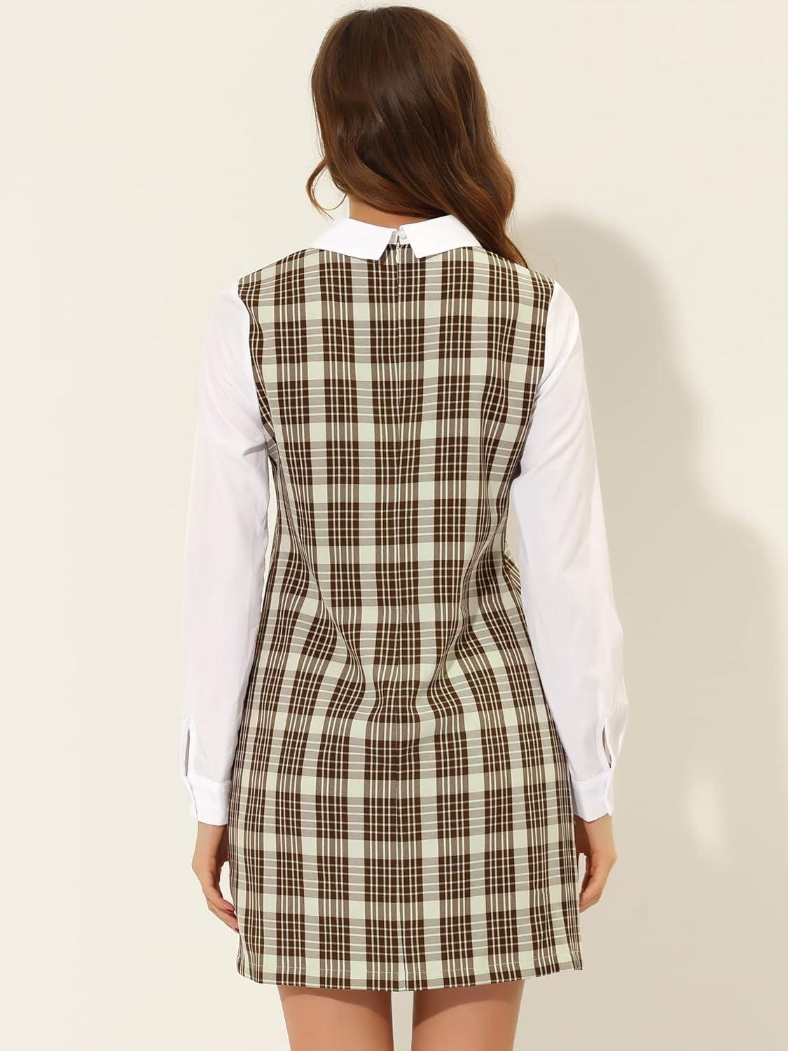 imageAllegra K Womens Peter Pan Dress 60s Clock Block Mini Long Sleeve DressesBrown