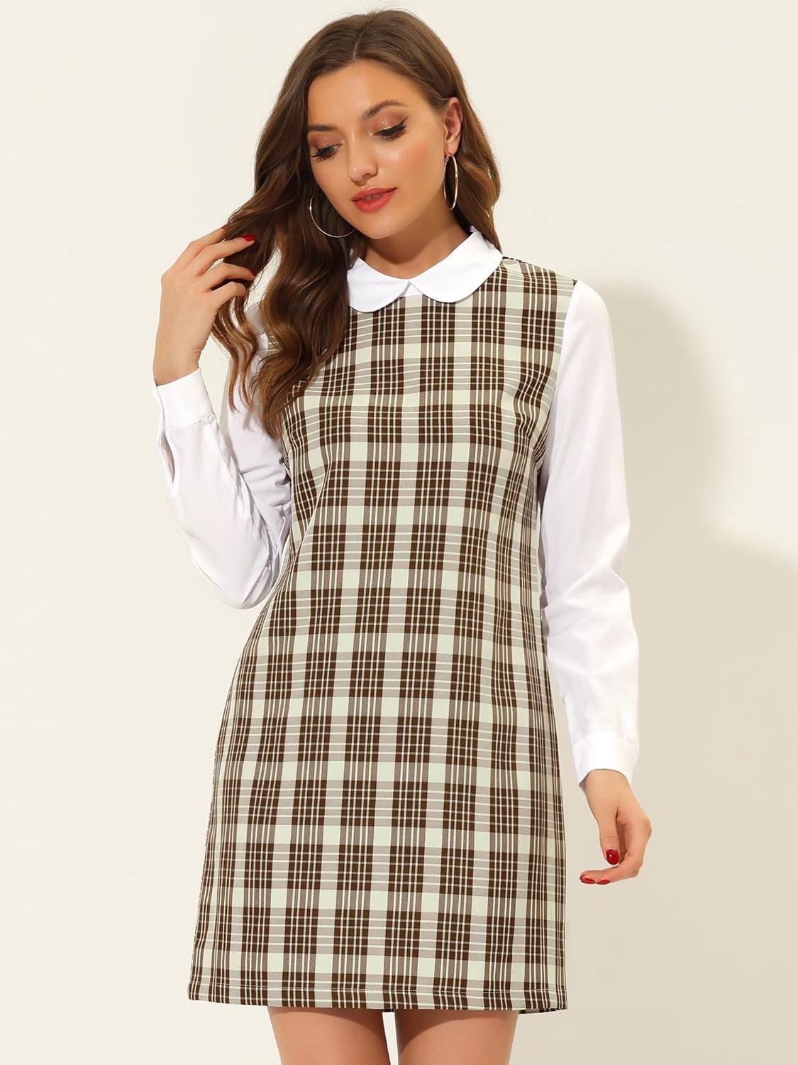 imageAllegra K Womens Peter Pan Dress 60s Clock Block Mini Long Sleeve DressesBrown