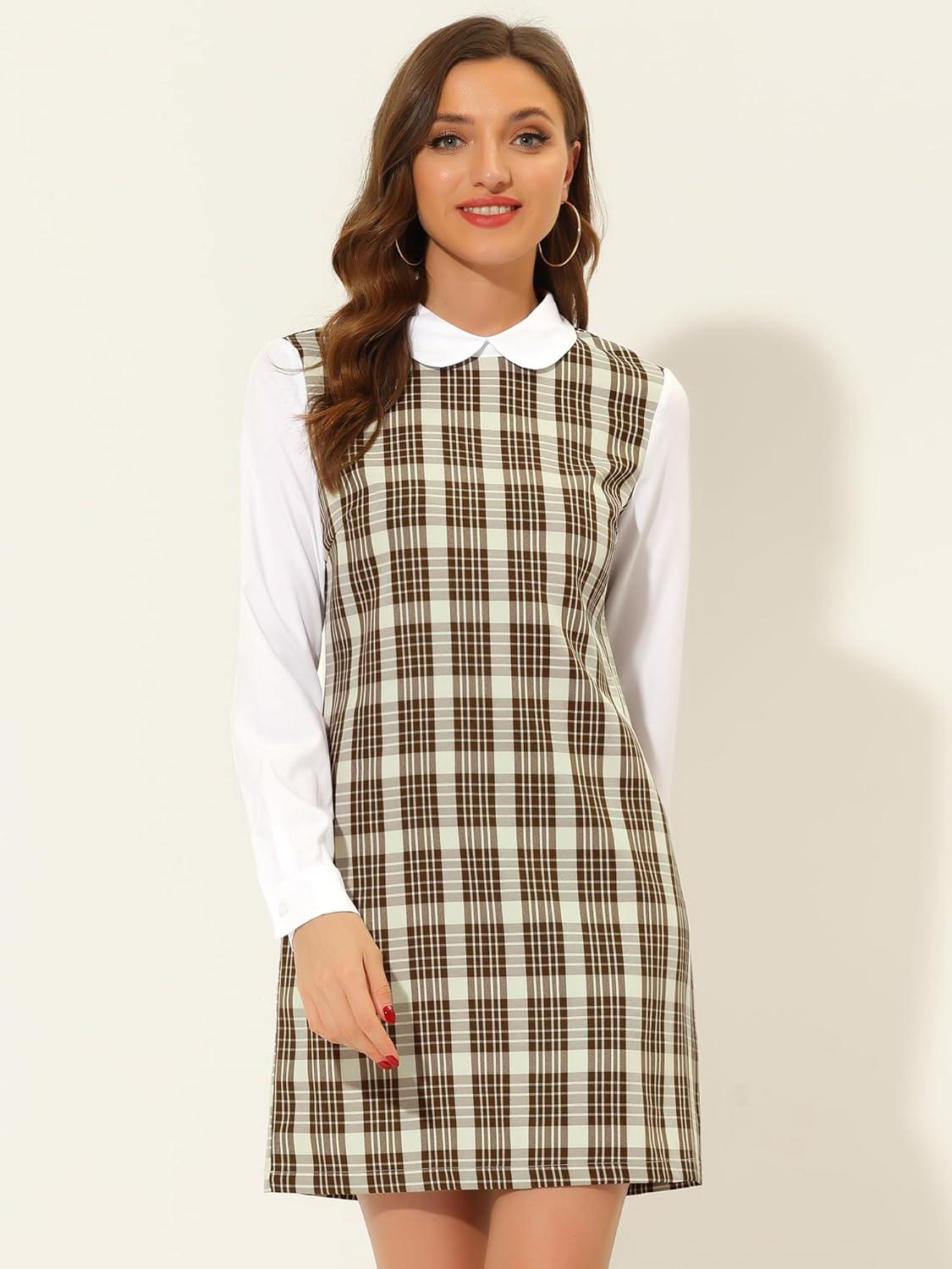 imageAllegra K Womens Peter Pan Dress 60s Clock Block Mini Long Sleeve DressesBrown
