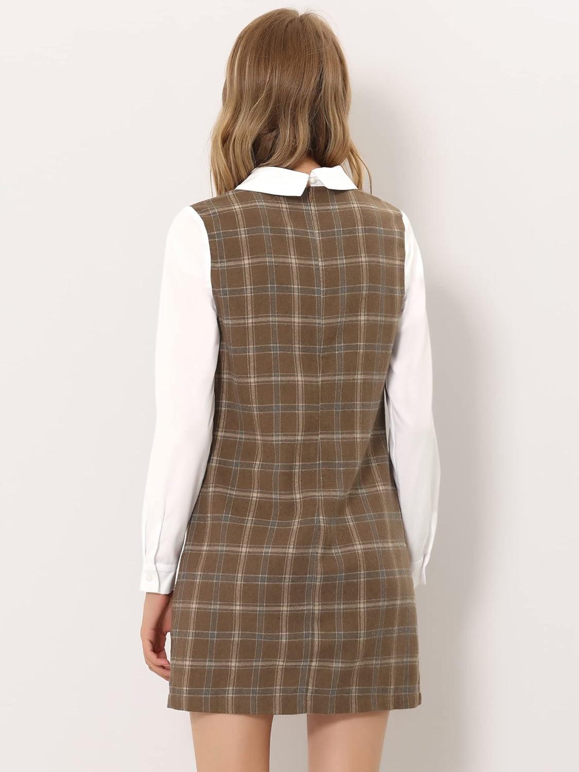 imageAllegra K Womens Peter Pan Dress 60s Clock Block Mini Long Sleeve DressesDark Brown